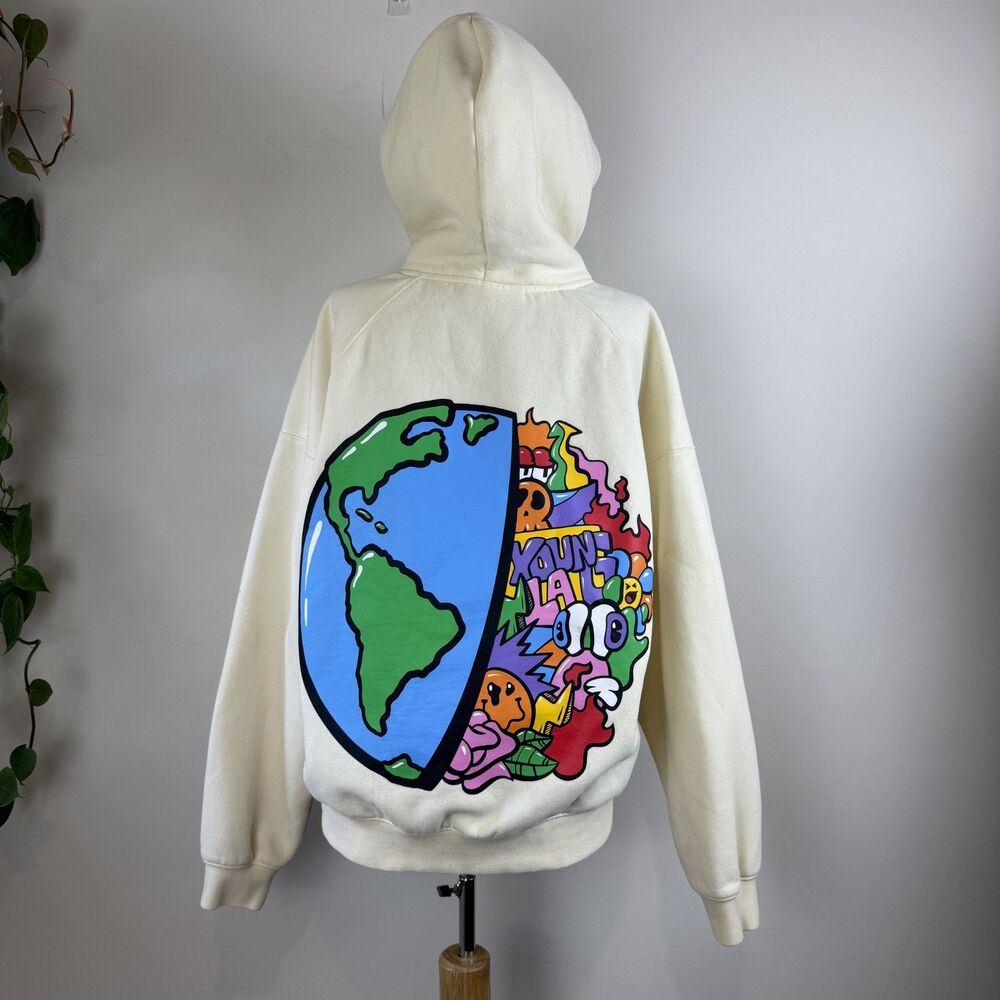YoungLA Earth Globe Doodle Graphic Hoodie Cream Beige, Unisex Small